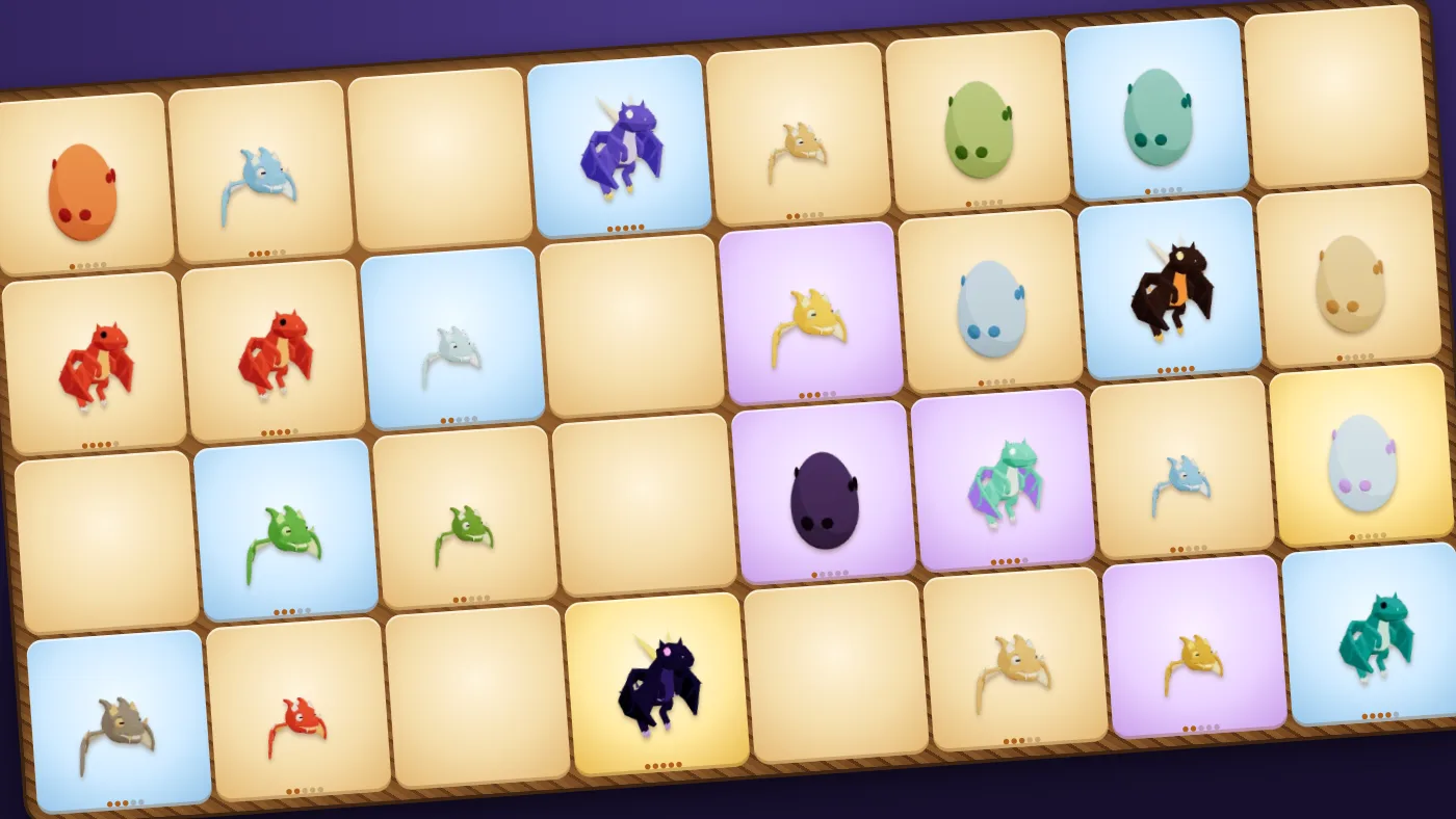 Dragon Hatchery: a nest board full of eggs and young dragons