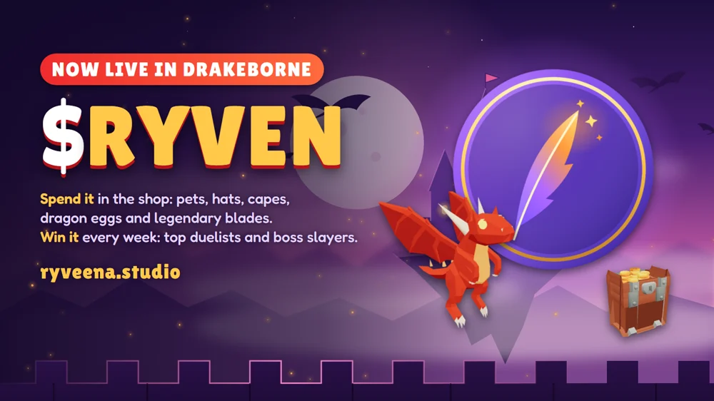 The $RYVEN coin beside a dragon and a treasure chest