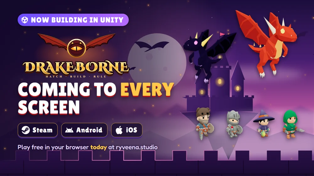 Drakeborne heroes and dragons beside the Steam, Android and iOS logos